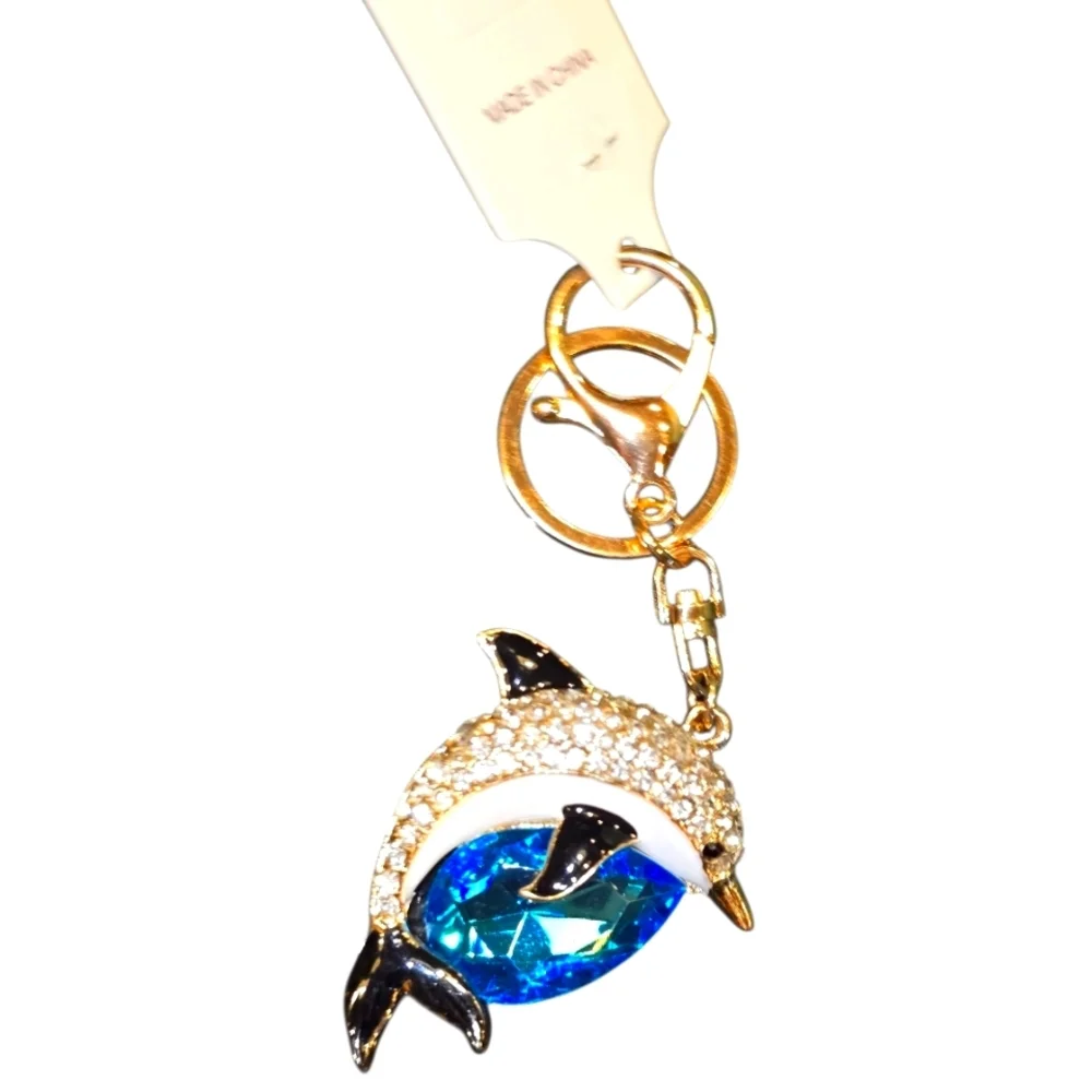 Fashion Brand Blue and Gold Rhinestone Crystal Dolphin Purse Charm